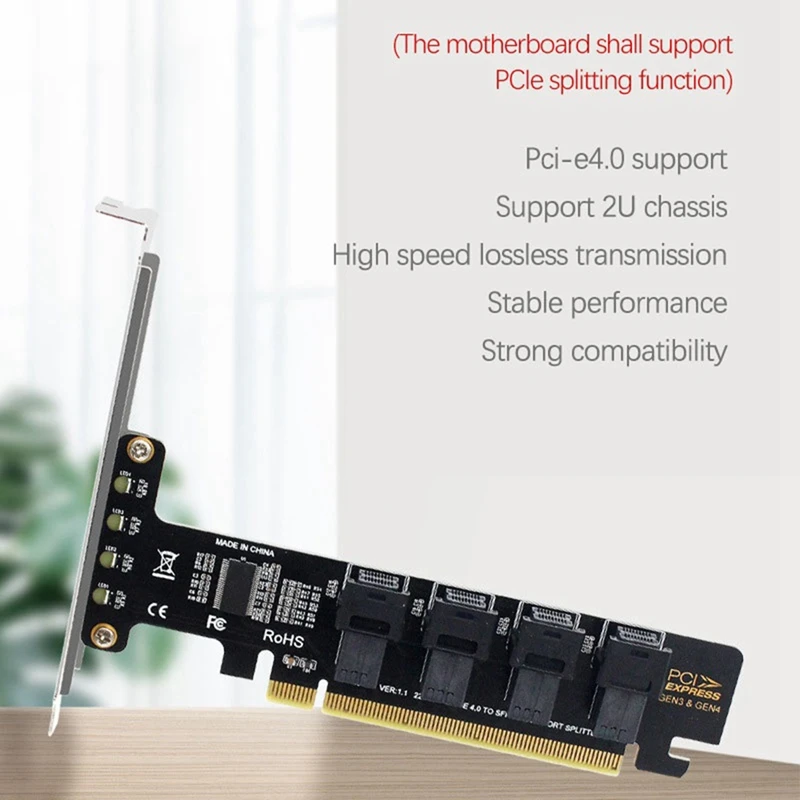 PCI-E X16 To 4-Ports U.2 NVME SFF-8643 Expansion Card High Speed Pcie 4.0 Split Cards LED Indicator For 2U Chassis