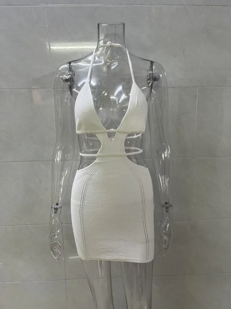 2025 verão férias praia de malha mini vestido feminino sexy oco para fora com decote em v rendas até halter sem costas bodycon beachwear cobrir ups