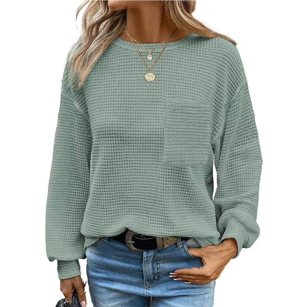 

New Fall/Winter 2024 Street Hipster Everyday Comfort Waffle Solid Color Round Neck Pocket Loose Pullover T-shirt for Ladies