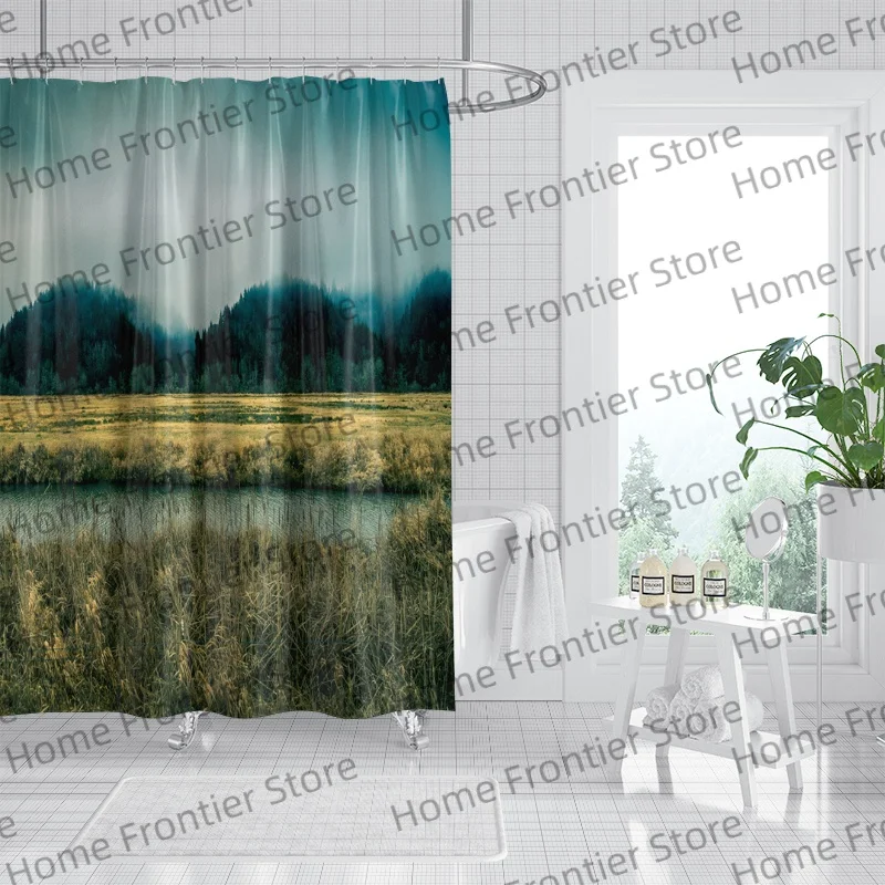 Countryside Scenery Shower Curtain Beautiful Hanging Curtain Privacy No Punching Waterproof Bathroom Partition Curtain