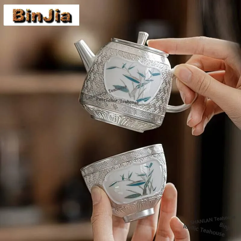 180ml Luxury Open Window Bamboo Teapot Handamde 999 Sterling Silver Gilded Pot Tea Making Kettle Tea Ceremony Collection Gifts