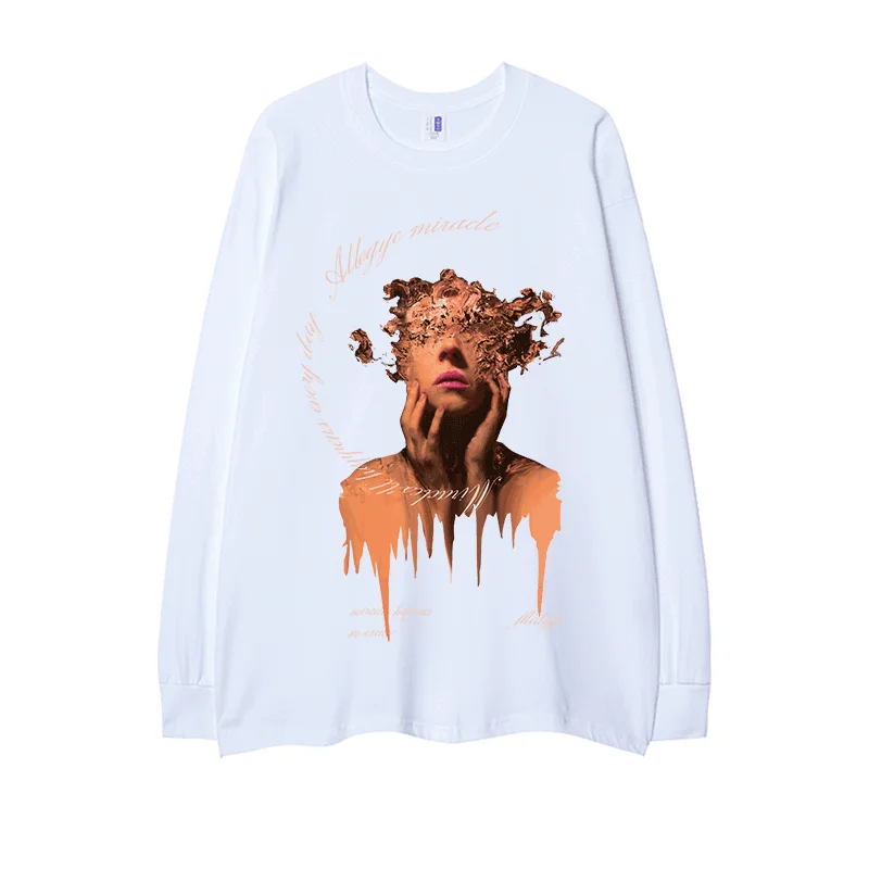 Spring Autumn American Style Men's Retro Girl Print Black Long Sleeve Top Couple High Street Loose Casual White Velvet T-Shirt