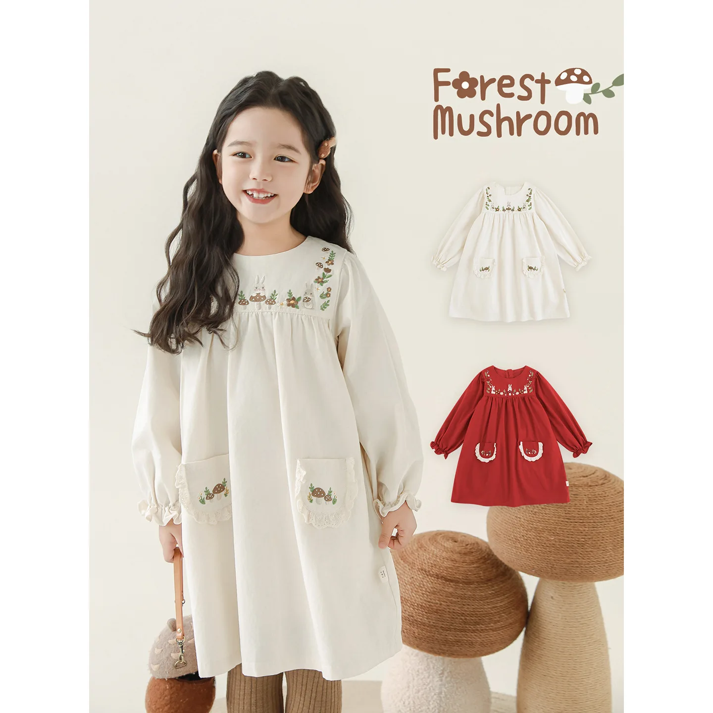 

Autumn Children Girls Dress Cotton Mushroom Embroidery Toddler Kids Girls Dress Elegant Round Collar Baby Girls Princess Dresses