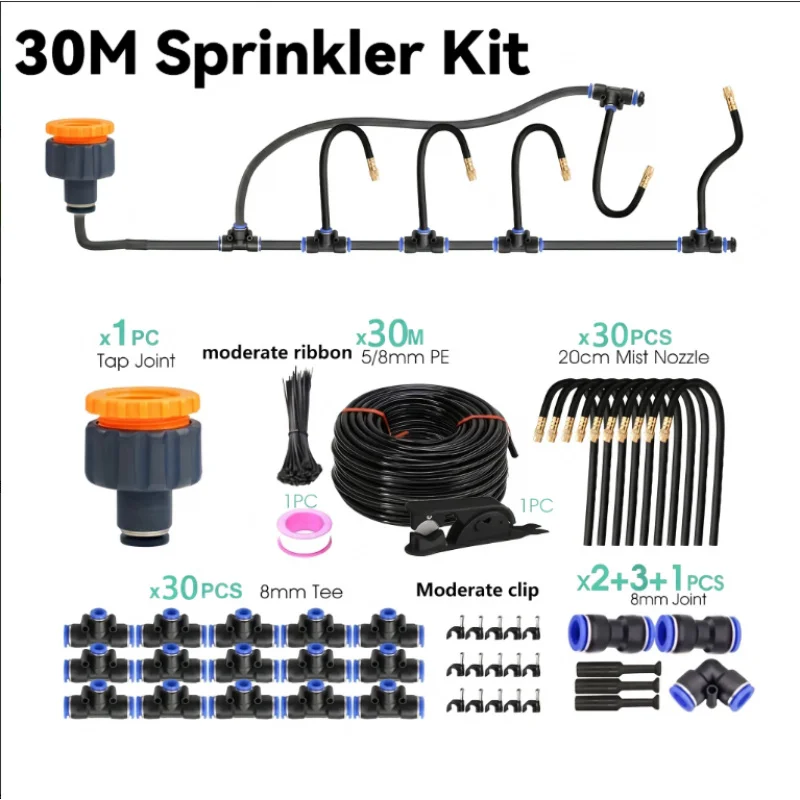 Système de brumisation DIY 30M à pliage libre, kit de tuyau pulvérisateur universel 8mm pour patio, jardin, brumisation de plantes, arrosage et irrigation