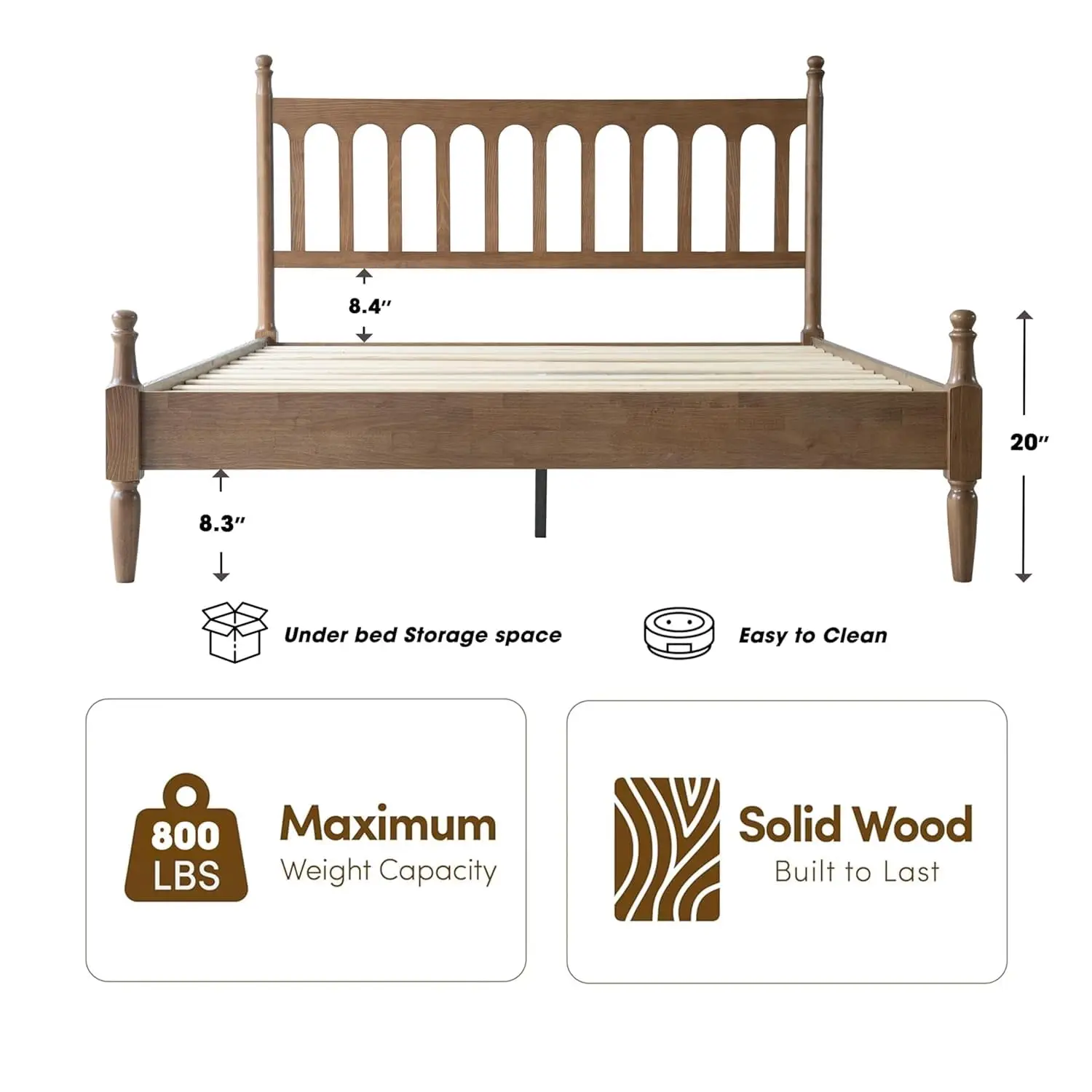 King Size Solid Wood Platform Bed Frame With Headboard & Footboard, 12 Sturdy Slatted Base, Metal Legs, No Box, Customized
