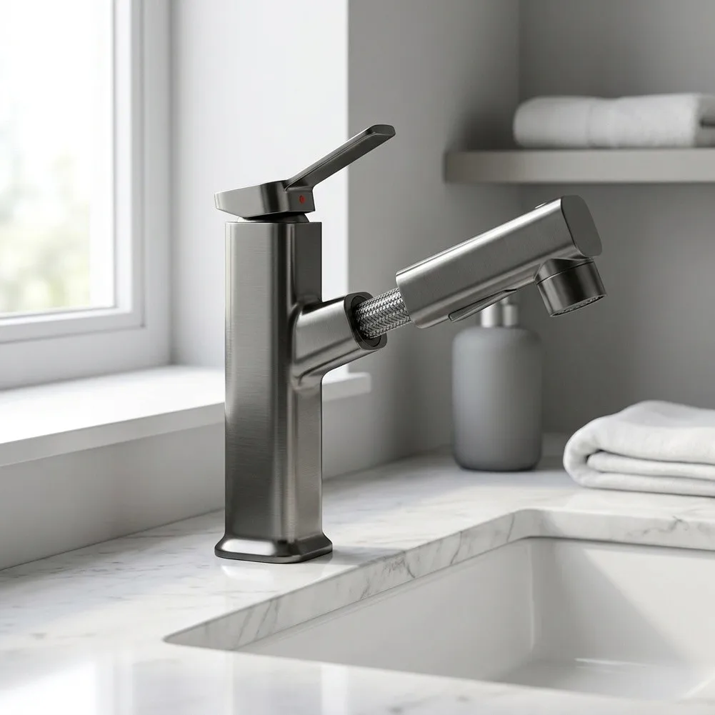 Basin Mixer Tap with Retractable Spout and Multi-Mode Water Jet System Designed for Countertop Sink Mounting Applications