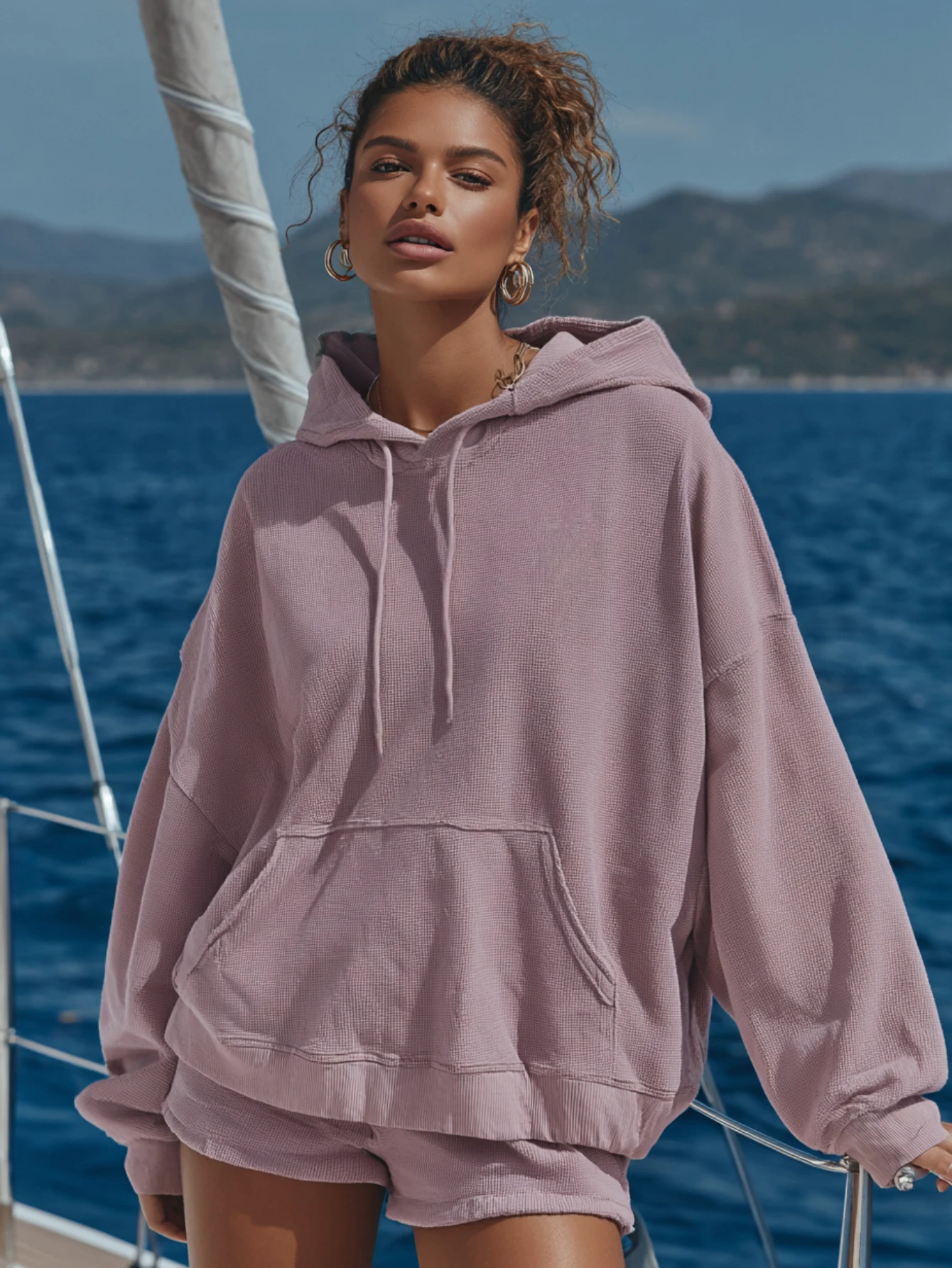 

Mia Muse Select Women's Autumn Sets Daily Chic Solid Color Long Sleeve Hooded Hoodie High Waist Short Shorts Casual Sets