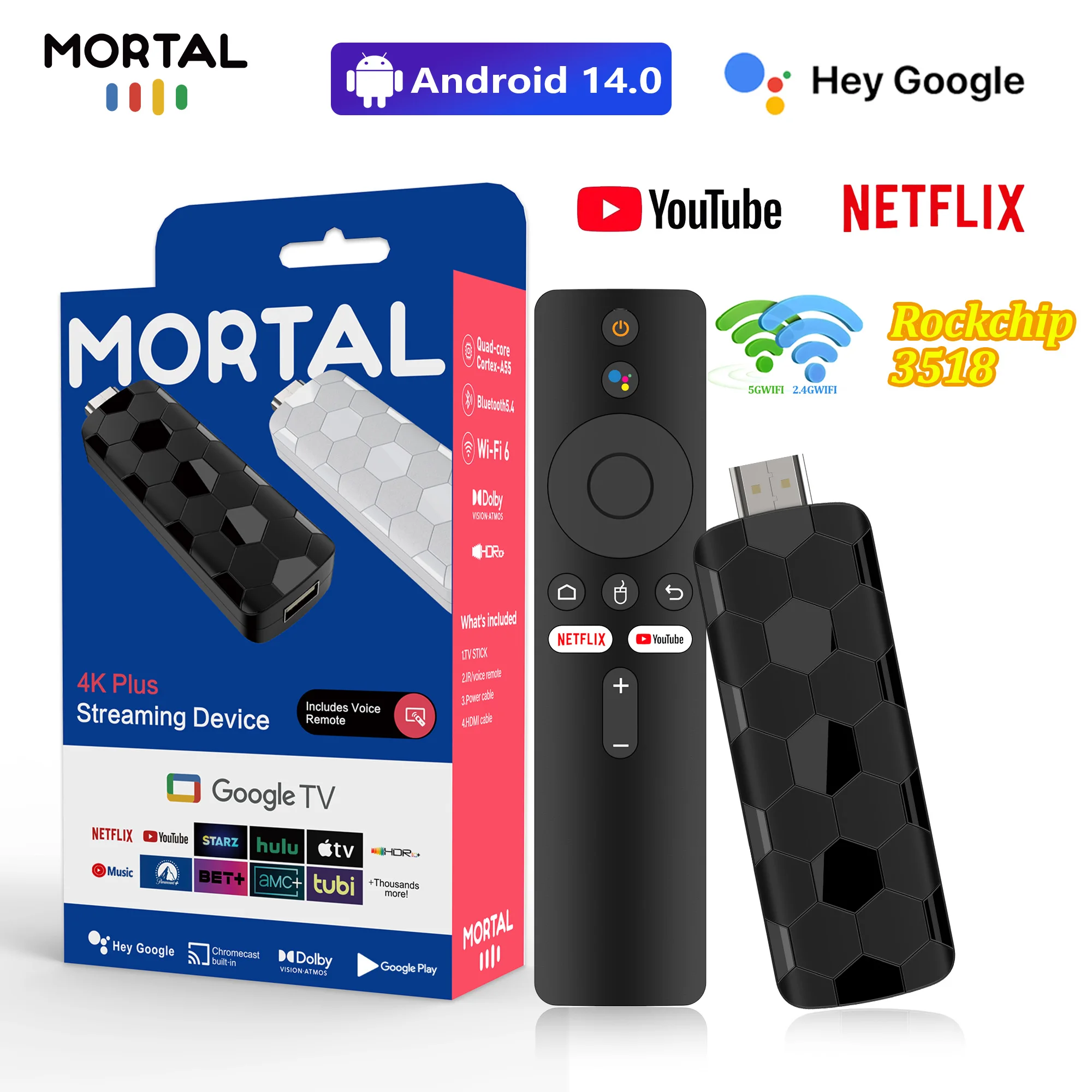 

Global Android TV Stick Mortal R3+ RK 3518 Voice Remote Android 14 8K 4K Video Wi-Fi 6 Netflix YouTube Dual UI interface TVstick