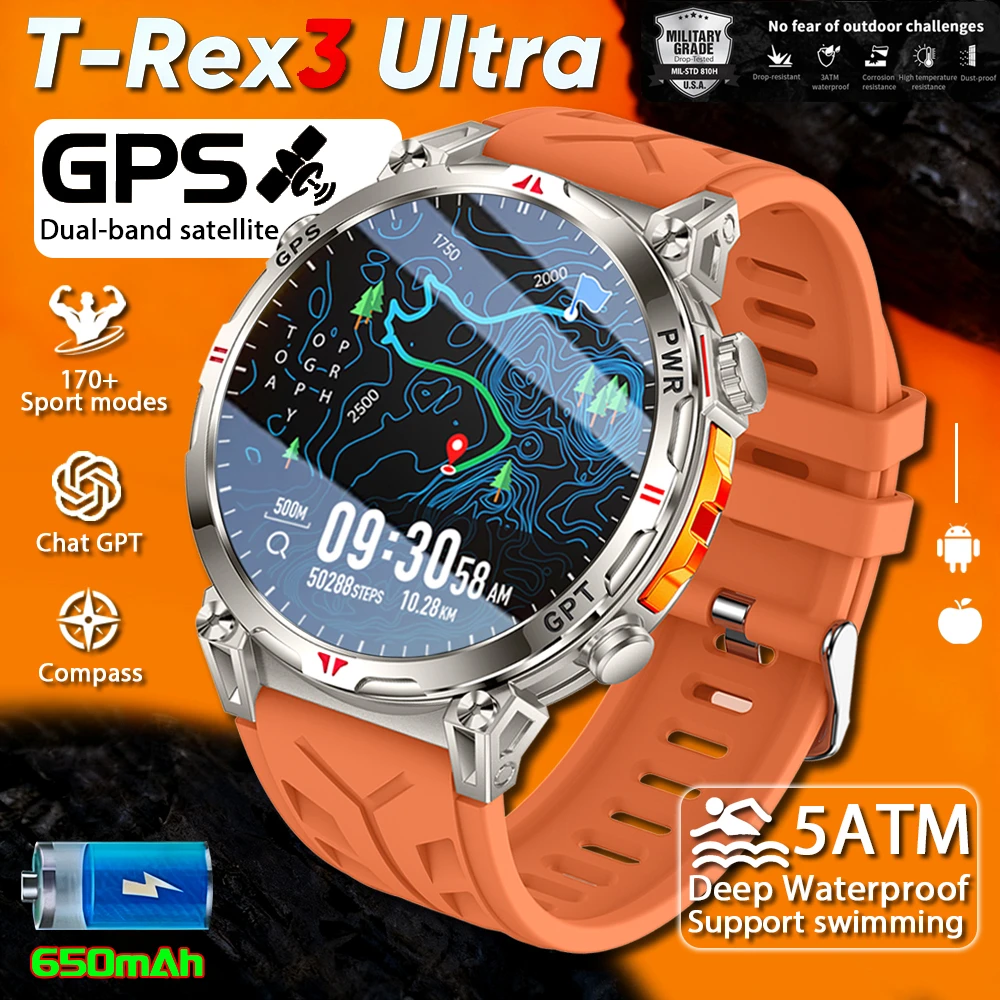 

2025 New Military T-Rex3 GPS Smart Watch 5ATM Waterproof 650mAh Battery Heart Rate Compass AIGPT Sport Smartwatch Men For Xiaomi