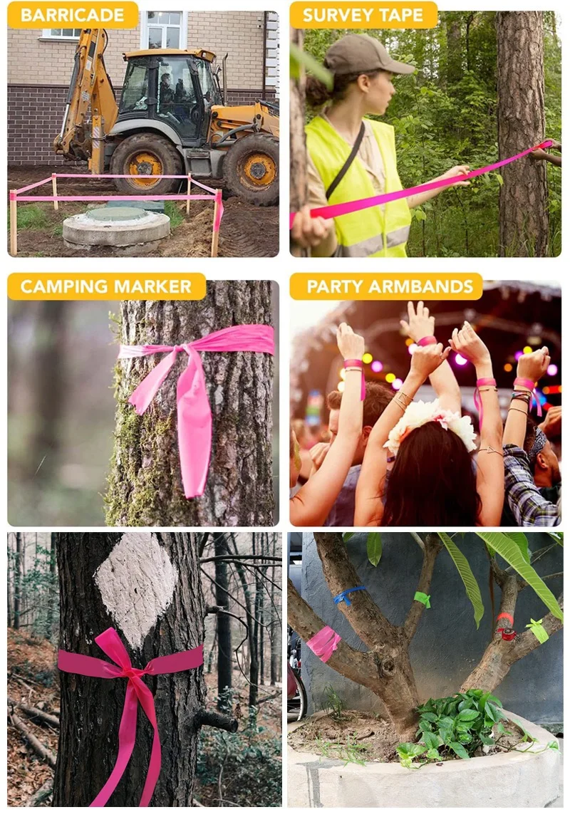 PVC-Flaggenband, nicht klebendes Band, gestreifter fluoreszierender Streamer, Baummarkierungsband zur Identifizierung im Freien, 2,5 cm Breite – Detail 7