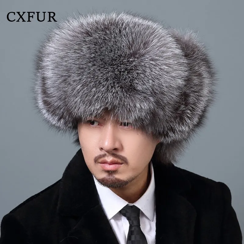 Natural Color Leather Top Waterproof Earflap Real Sliver Fox Fur Russian Hat CX-C-47B