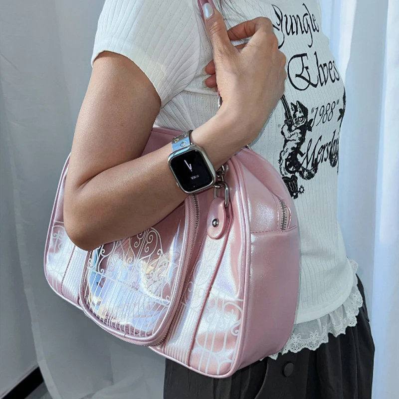 Gothic Ita Bag mit transparentem PVC-Fenster, Damen-Umhängetasche mit Eisentor-Design-Print, Vintage-Handtasche, schwarze Tragetasche – Detail 23