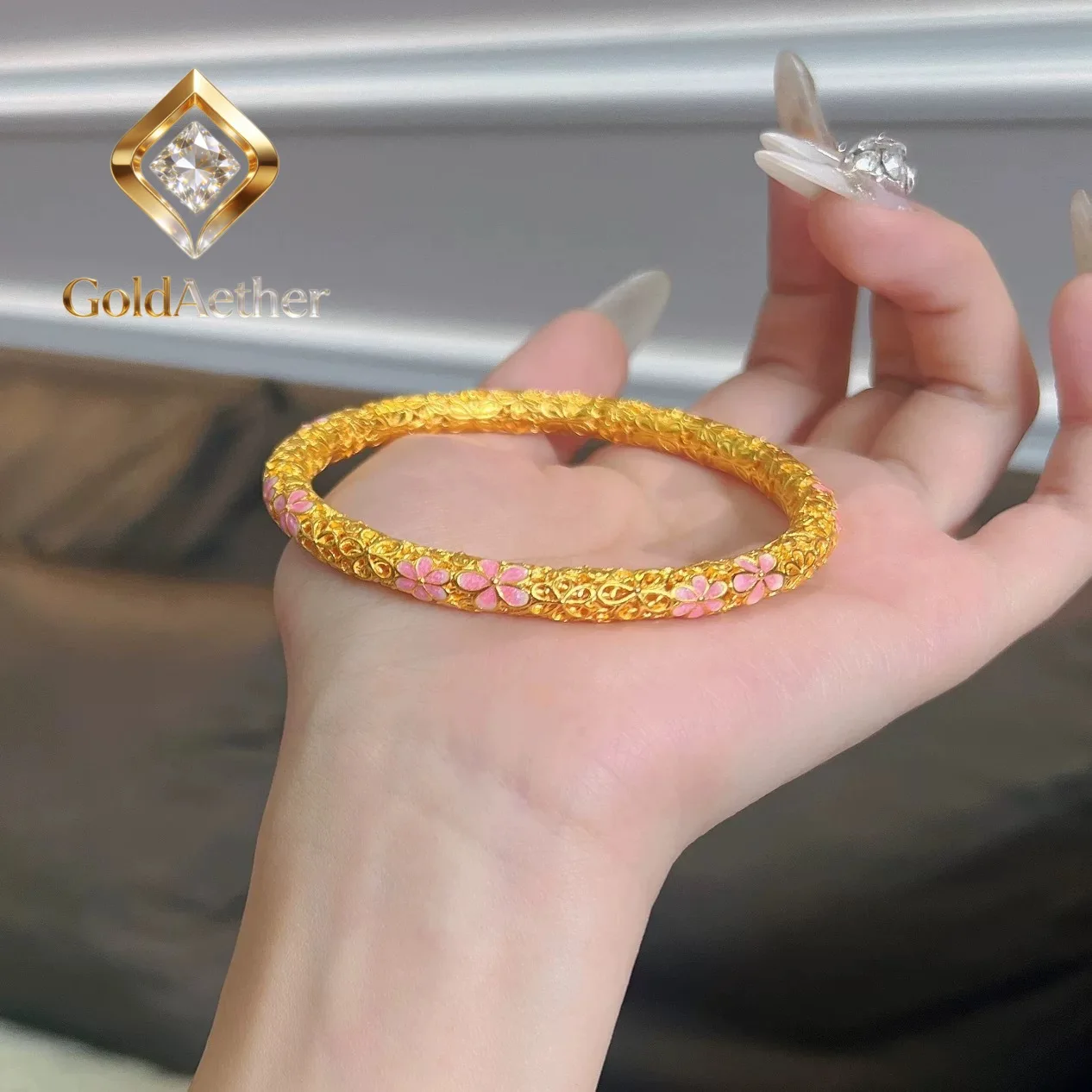 

GoldAether Luxury 24K 9999 Pure Gold real gold Women's Peach Blossom Enamel Filament Bracelet