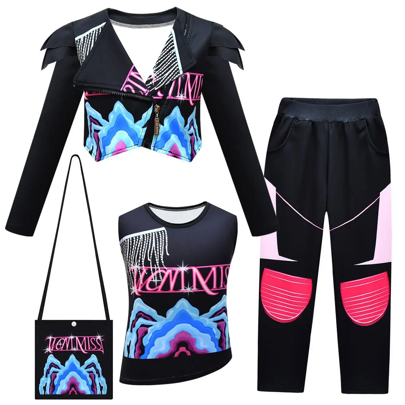 

Kpop Demon Girl Halloween Costume Zoey Printed Long Sleeve Coat+Tank Top+Pants+Bag 4pcs Sets For Girls Cosplay Birthday Party