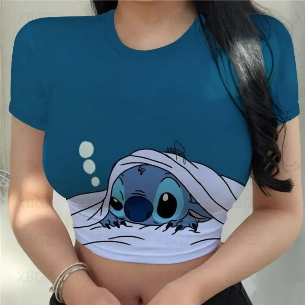 Disney Slim Fit Cartoon Crop Top, Mulheres Blusas, Y2kTight, Party Stitch Print, Vestuário Feminino, T-Shirt, Moda, Kawaii, 2022