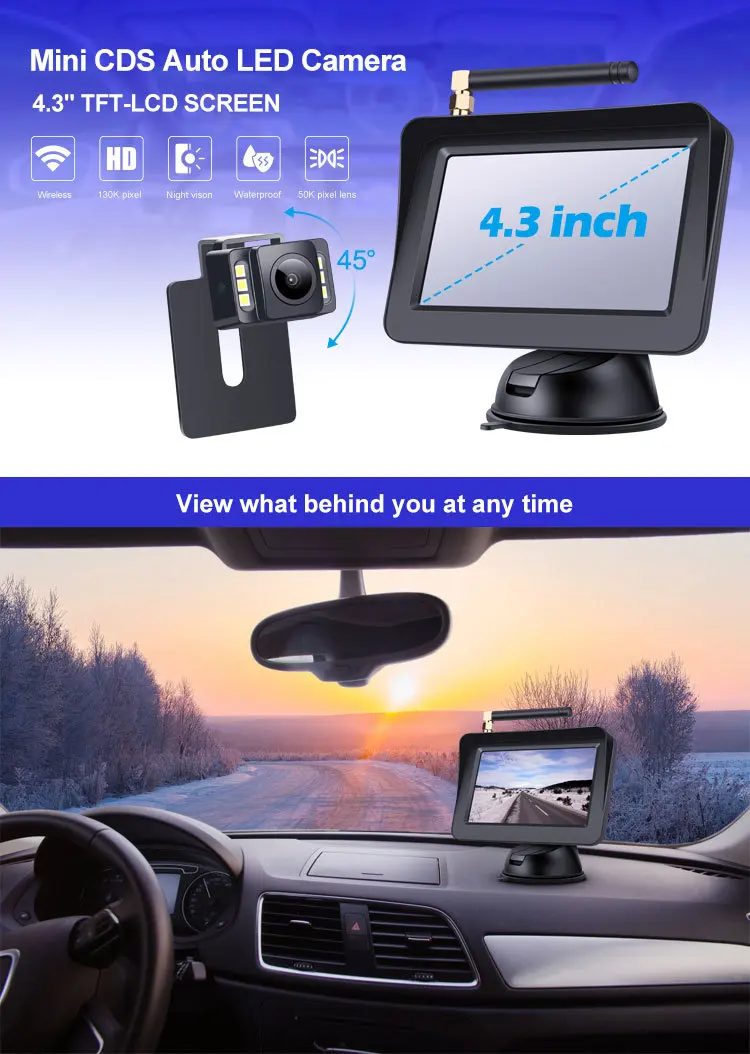 Wireless 4.3 Inch Car Monitor Mini CDS Auto LED Rear View Reverse Camera Driving Kit for pickup SUV RV Van Truck Vehicle