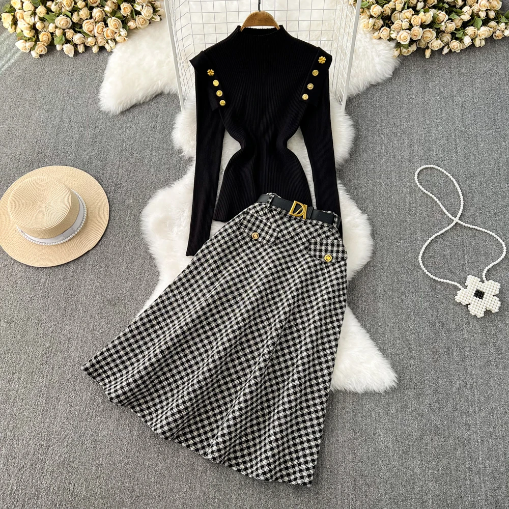 Autumn Winter Fashion Two Piece Skirt Set Women\'s Half High Collar knitted sweater Top Two-piece High Waisted Slim Plaid Skirt