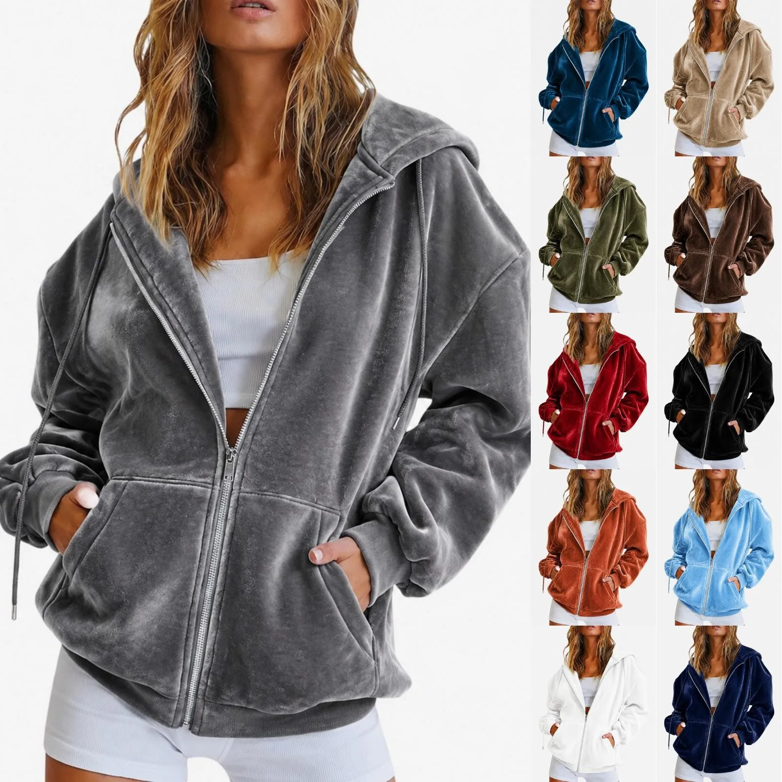 Women Y2K Hoodie Loose Fit Hooded Sweatshirt Oversized Front Pocket Drawstring Hood Zip-Up Hoodie Cropped Wide Cuff Sweatshirt