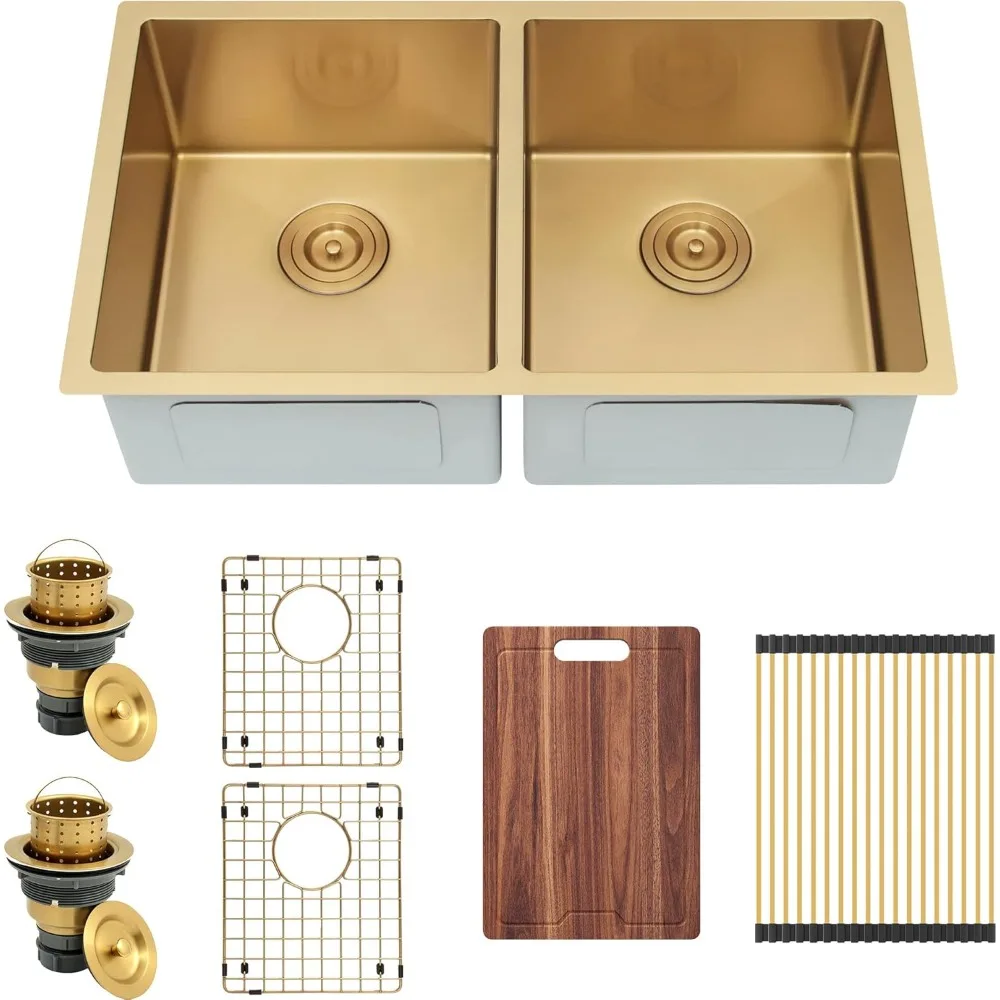 32 Inch Gold Double Bowl Kitchen Sink Undermount 304 Stainless Steel 16 Gauge 50/50 Spacious Double Basin Design Sinks