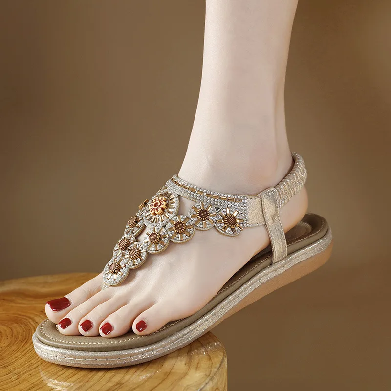 Women's Sandals Summer 2024 Casual Non-Slip PU Soft Bling Diamond String Bead Bohemia Beach Hollow Shoes Woman Flat Heels Ladies