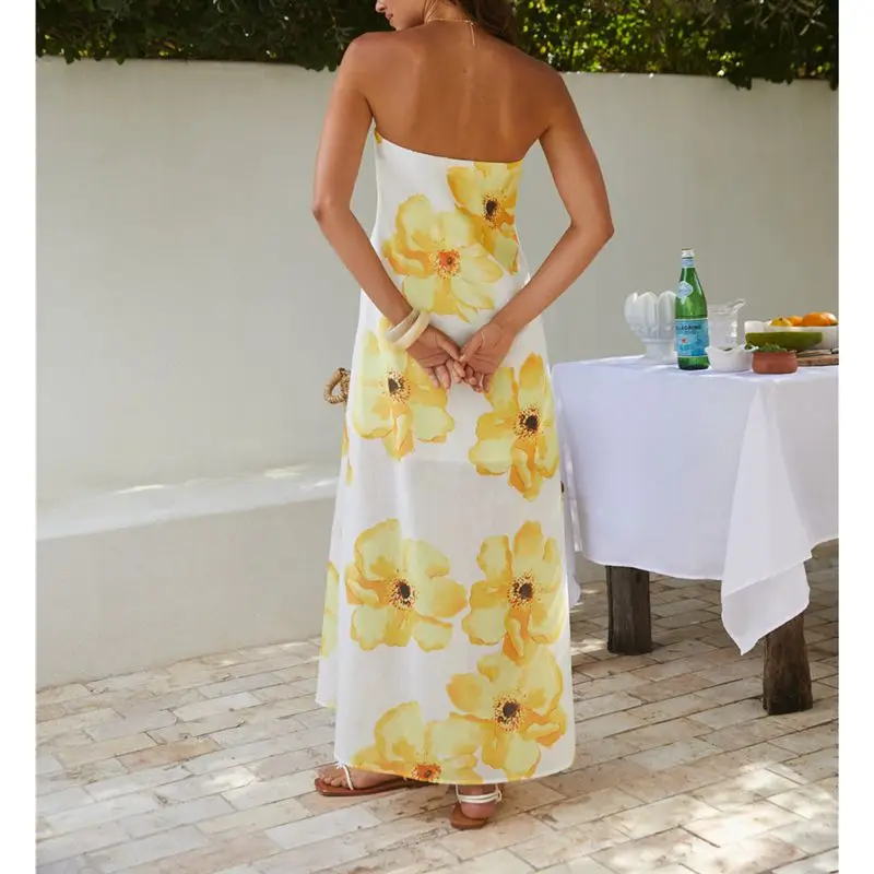 Women Summer Boho Beachwear Aesthetic Floral Print Strapless Off Shoulder Backless A-line Tube Long Dress Streetwear