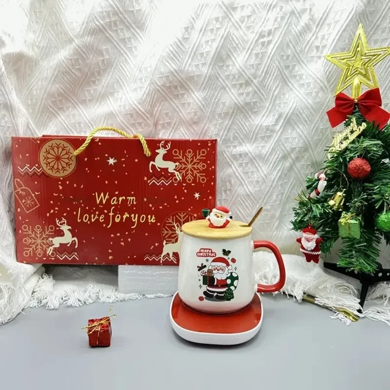 New Hot Christmas Gift Set: Thermostat Ceramic Mug With Spoon Lid Santa Claus Series Keep Warm Coffee Cup For Office Home Use