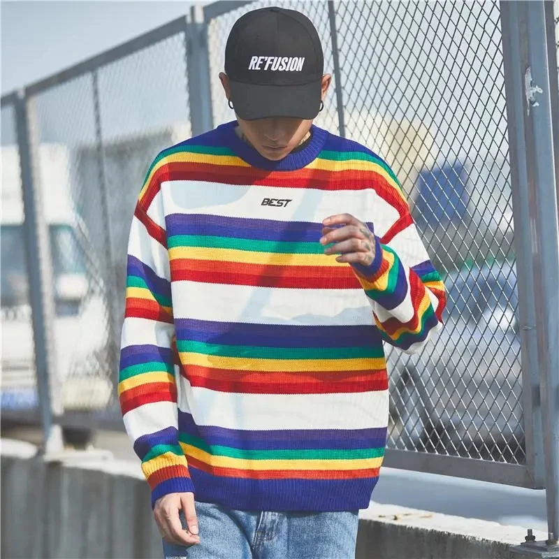 Hip Hop Harajuku Knitted Sweaters Men Colorful Striped Pullover 2024 Autumn Men Fashion Knitwear Sweater Streetwear Male Clothes