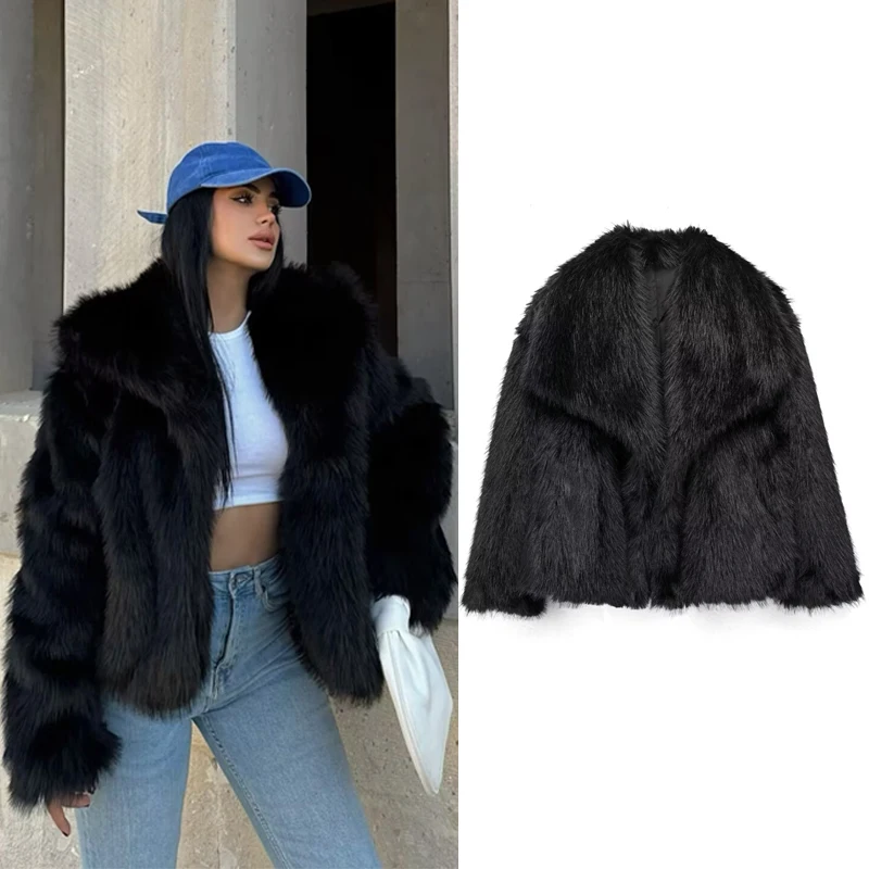 TRAF Women 2024 Fur Coat Black Fluffy Women's Jacket Autumn Winter Faux Fur Coat Plush Outerwears White Gray Warm Cropped Jacket