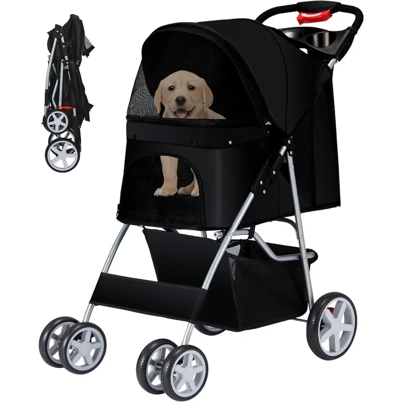 

Pet Stroller 4 Wheels Dog Cat Stroller for Medium Small Dogs Cats, Folding Cat Jogger Stroller with Storage Basket & Breathable