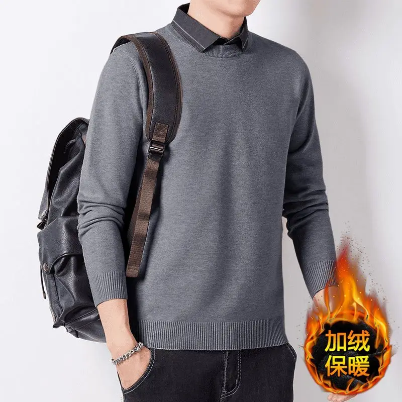 Autumn and Winter Tops Shirt Collar Men's Fake Two-piece Sweater Bottoming Velvet Thickened Sweater Long-sleeved Pullover