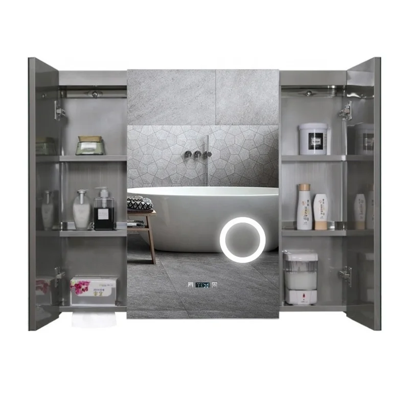 Magnifying lens LED backlit mirror illuminates bathroom mirror cabinet and anti-fogging wall-mounted vanity mirror cabinet