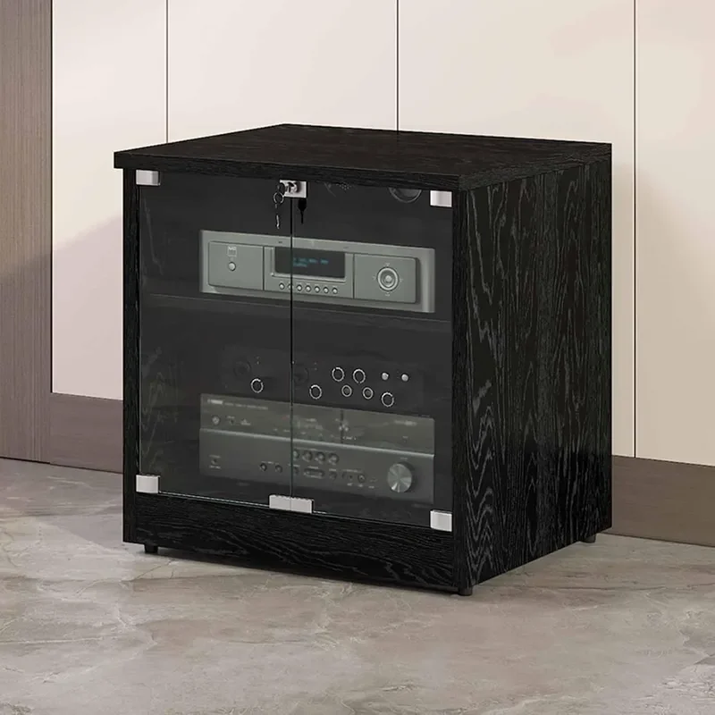 Media Cabinet AV Media Stand Stereo Cabinetwith Adjustable Shelves Tempered Glass Doorsand Cable Management CD Record Player