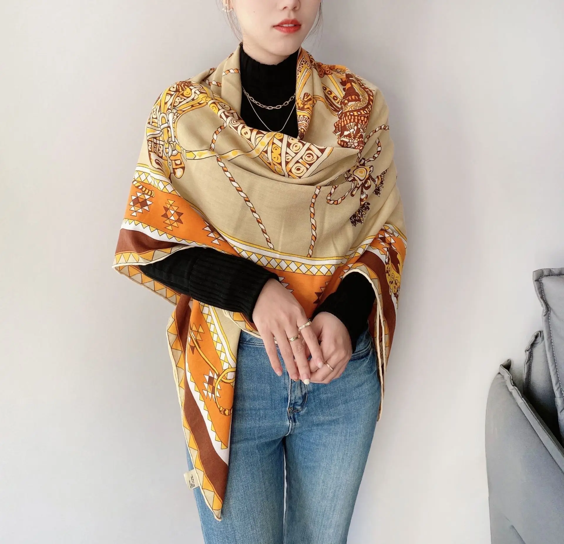 Brand Large Winter Scarf Giant hems Cashmere Scarves Wraps Women Carriage Print Warm Cape Stole Blanket 130