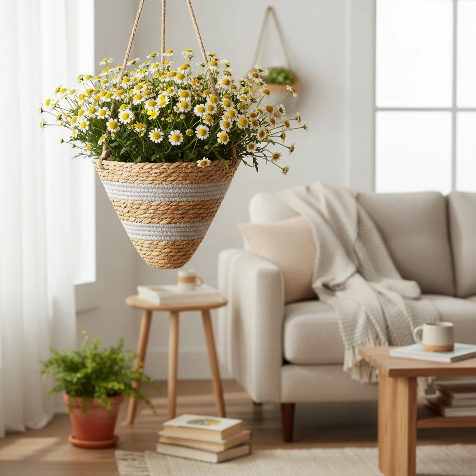 سلال معلقة من القش، سلال زهور منسوجة بحبل القنب، سلال الروطان المنسوجة، سلة زراعة معلقة، نباتات الأوركيد المعلقة #2