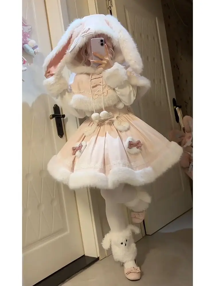 

MAGOGO A Japanese-style sweet and girlish two-piece set featuring a cute rabbit ear cape and a long-sleeved dress