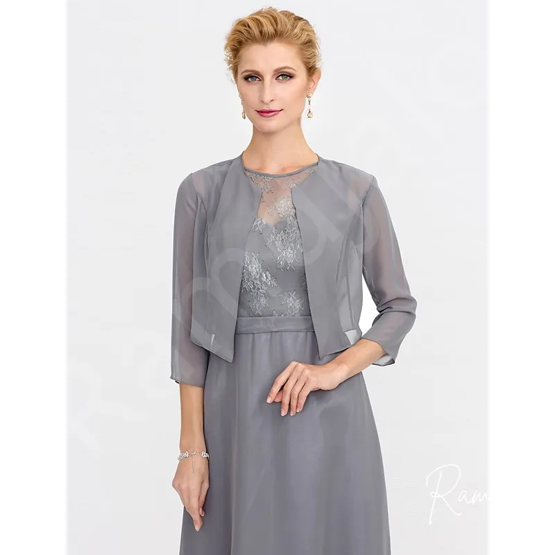 Silver Grey 3/4 Sleeve Tea-Length Lace Details and Matching Jacket Chiffon Mother of the Bride or Groom Weddings Formal Events