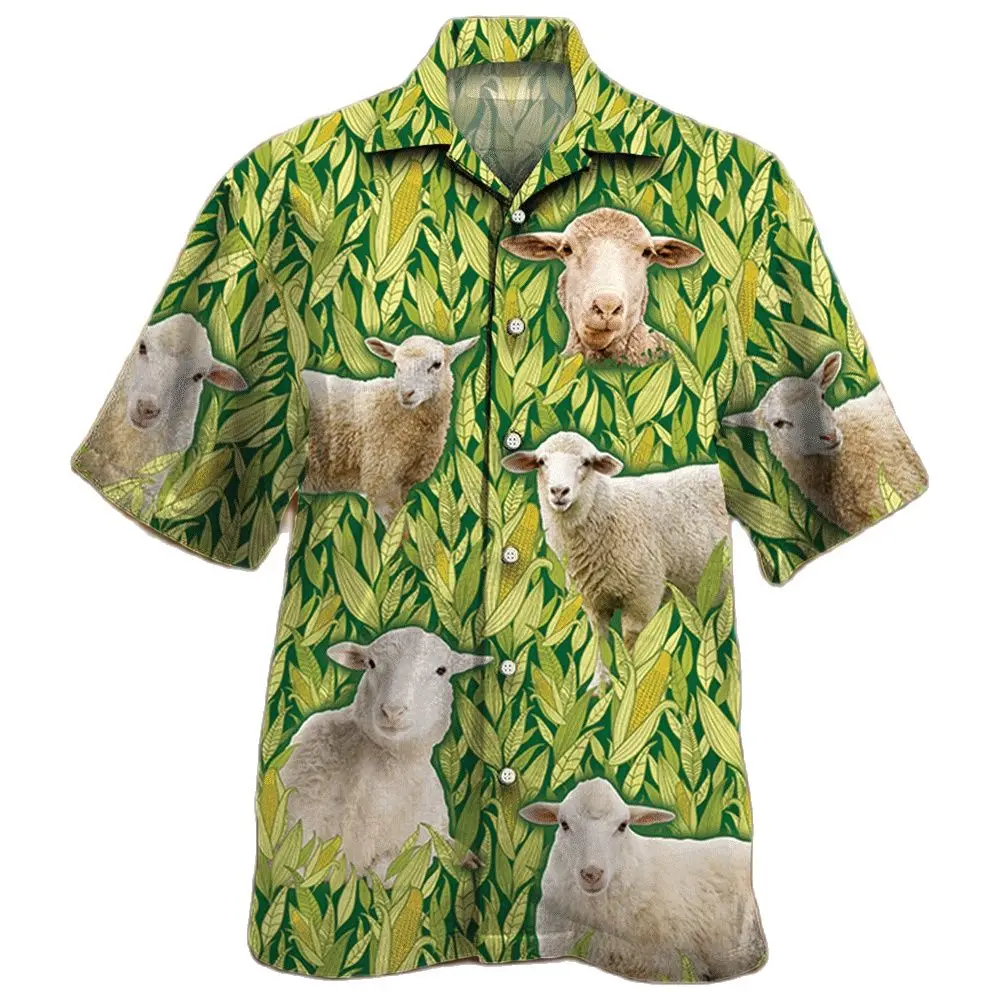 

Jumeast Sheep Lovers Corn Pattern Men Hawaiian Shirt Goat Cutecore Baggy Beach Blouse Farm Horse Cattle Light Academia Clothes