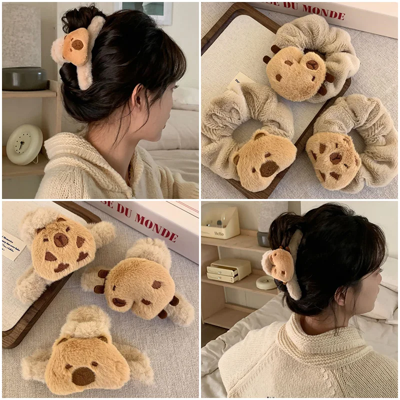 Kawaii Plush Capibara Hair Ropes Cute Hair Claw Clips Glasses Design Ponytail Scrunchies Hairpins Headdress for Women Girls