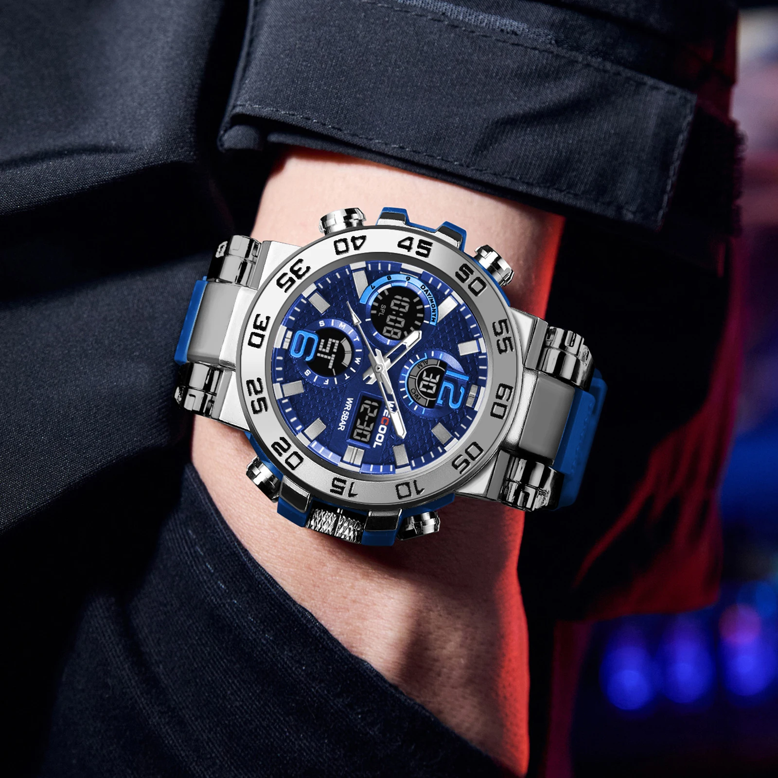 WECOOL العلامة التجارية المزدوجة العرض الرقمي W-822 50M للماء المنبه ساعة مضيئة للرجل