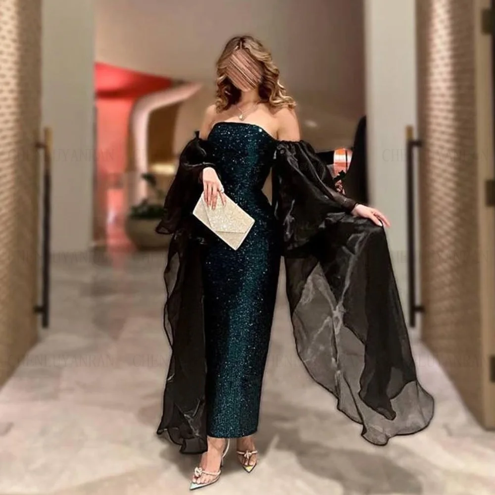 Exquisite Strapless Formal Occasion Dresses 2023 Puff Sleeves Mermaid Party Dress Sequin Sexy Long Evening Gowns فساتين حفلات