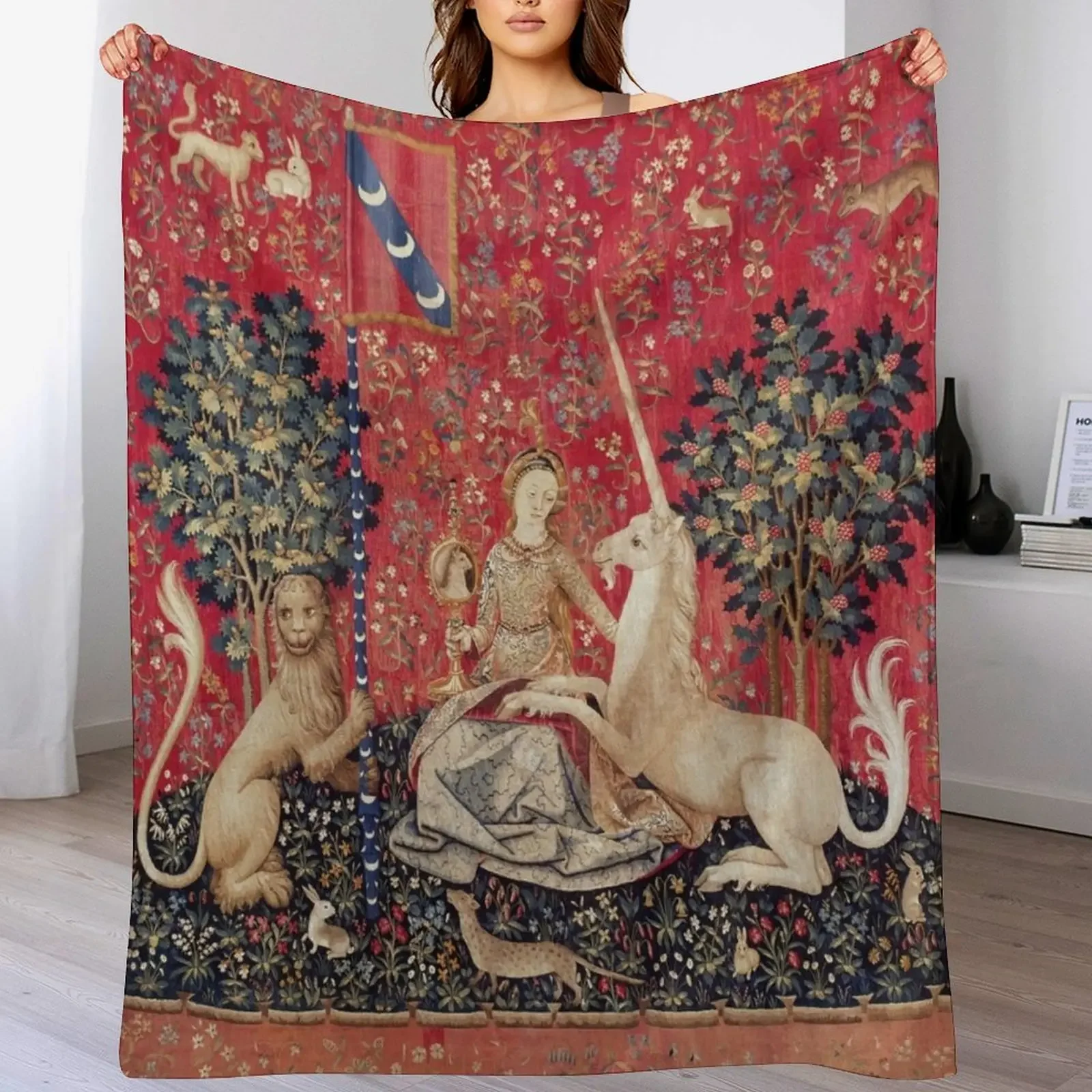 Lady and Unicorn Medieval Tapestry Five Senses - Sight Throw Blanket Cozy Sofa Blanket for TV Watching Napping