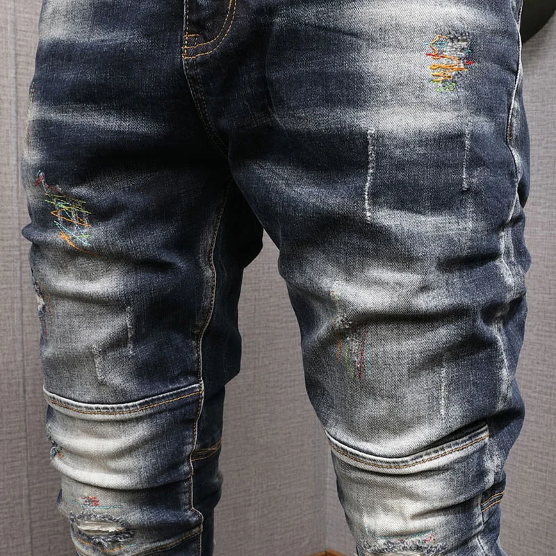 Jeans rasgado elástico Slim Fit masculino, calças jeans emendadas, bordadas, hip hop, streetwear retrô, preto, azul, designer, moda