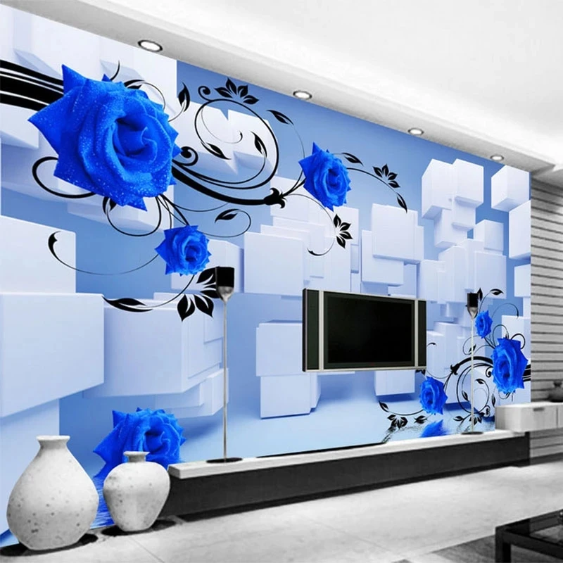 Customized 3D Relief Blue Flower Mural Geometric Square Spatial Expansion Wallpaper Living room TV background bedroom restaurant
