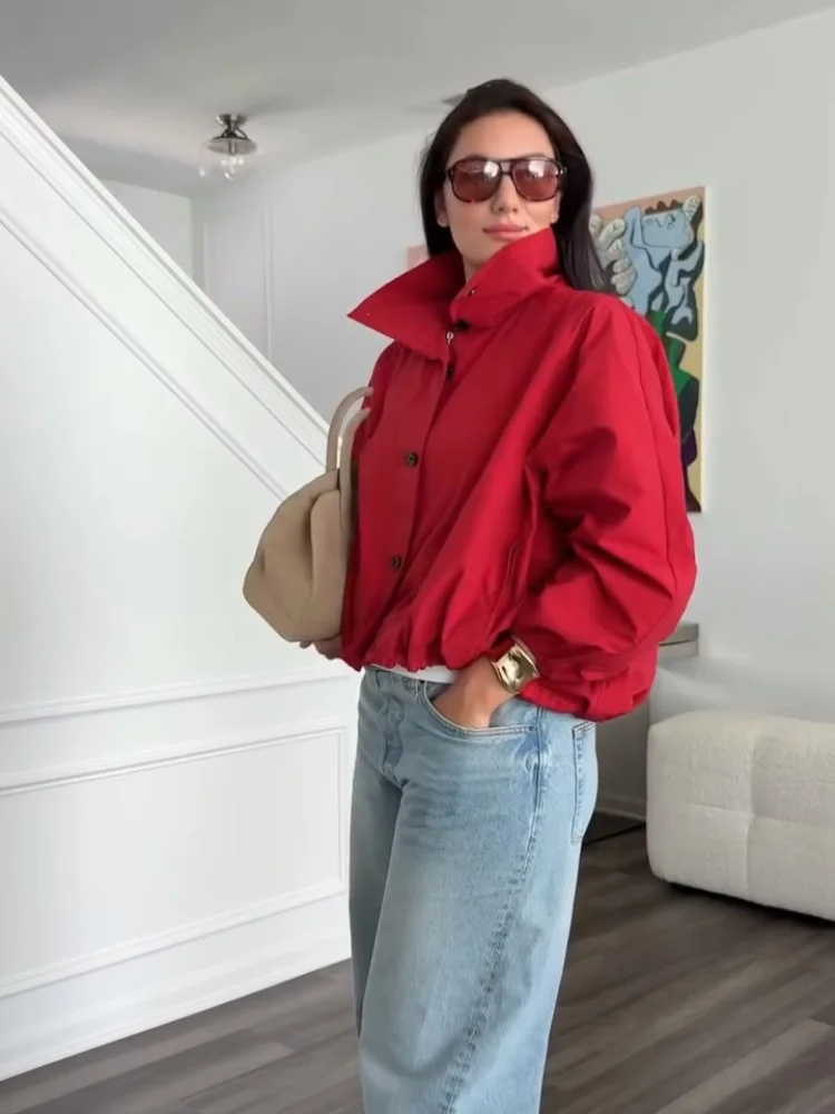 2025 Lady Single Breasted Chic Outerwear Autumn Red Long Sleeve Bomber Jacket For Women Street Turn Down Collar Zipper Coats