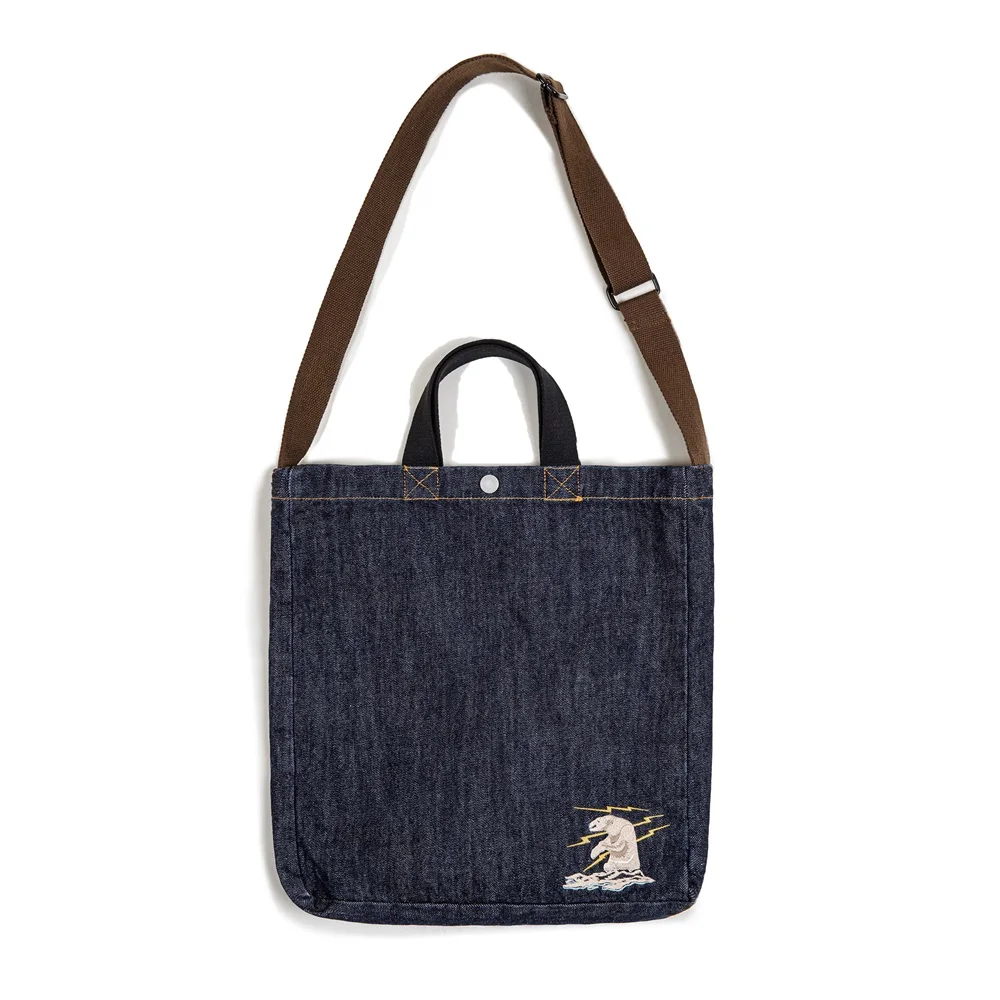 Maden Retro 14oz Denim Schulter-Crossbody-Tasche mit Denim-Stickerei, große Kapazität, tragbare flache Tragetasche für Herren im Alltag