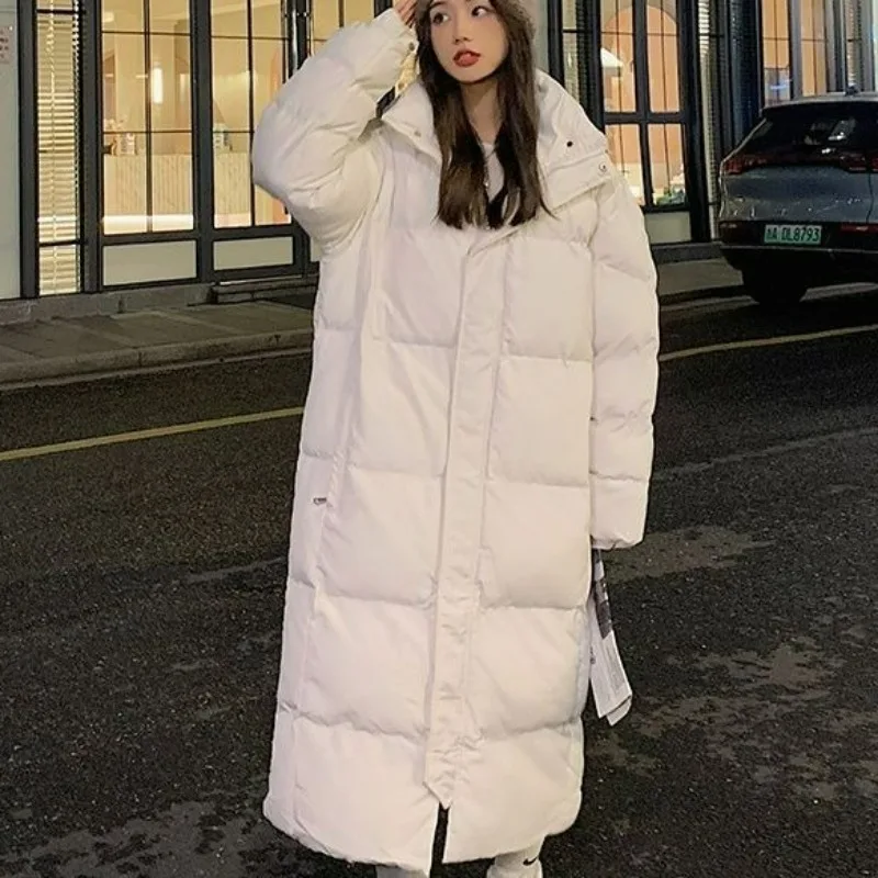 2023 New Women Down Cotton Coat Winter Jacket Female Long Over The Knee Parkas Loose Thick Outwear Solid Color Hooded Overcoat