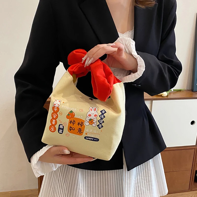 Cute Canvas Handbag Cartoon Small Bucket Bag Clutch Purse Bento Bag Office Worker Handbag Women Girls