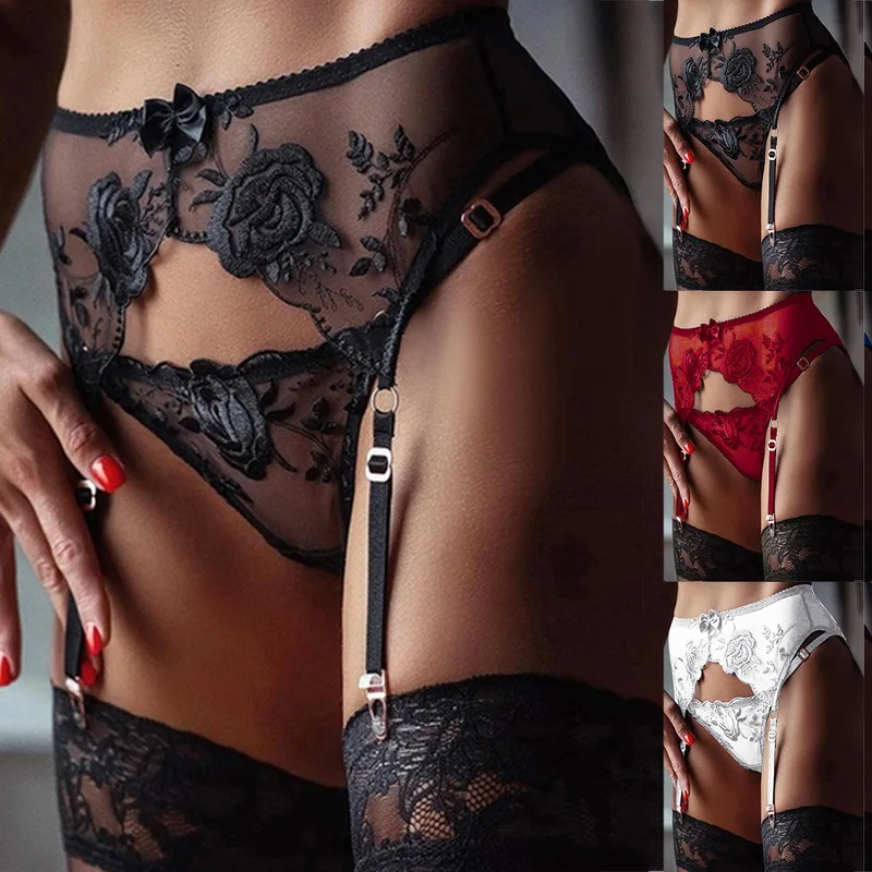 Porte-jarretelles en dentelle pour femmes, sous-vêtements transparents, ceinture réglable à double boutonnage pour bas, lingerie sexy, grande taille