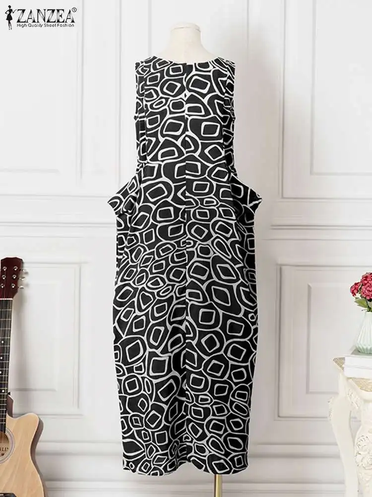 Bohemian Zomer Vrouwen Maxi Vestidos Zanzea Mouwloze Zomerjurk Met Bloemenprint 2024 Zakken Tankgewaad Casual Losse Feestjurken