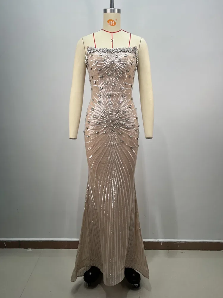 2024 Women Celebrity Sexy Strapless Sequins Diamonds Crystal Beading Maxi Long Gowns Dress Elegant Evening Party Club Vestido